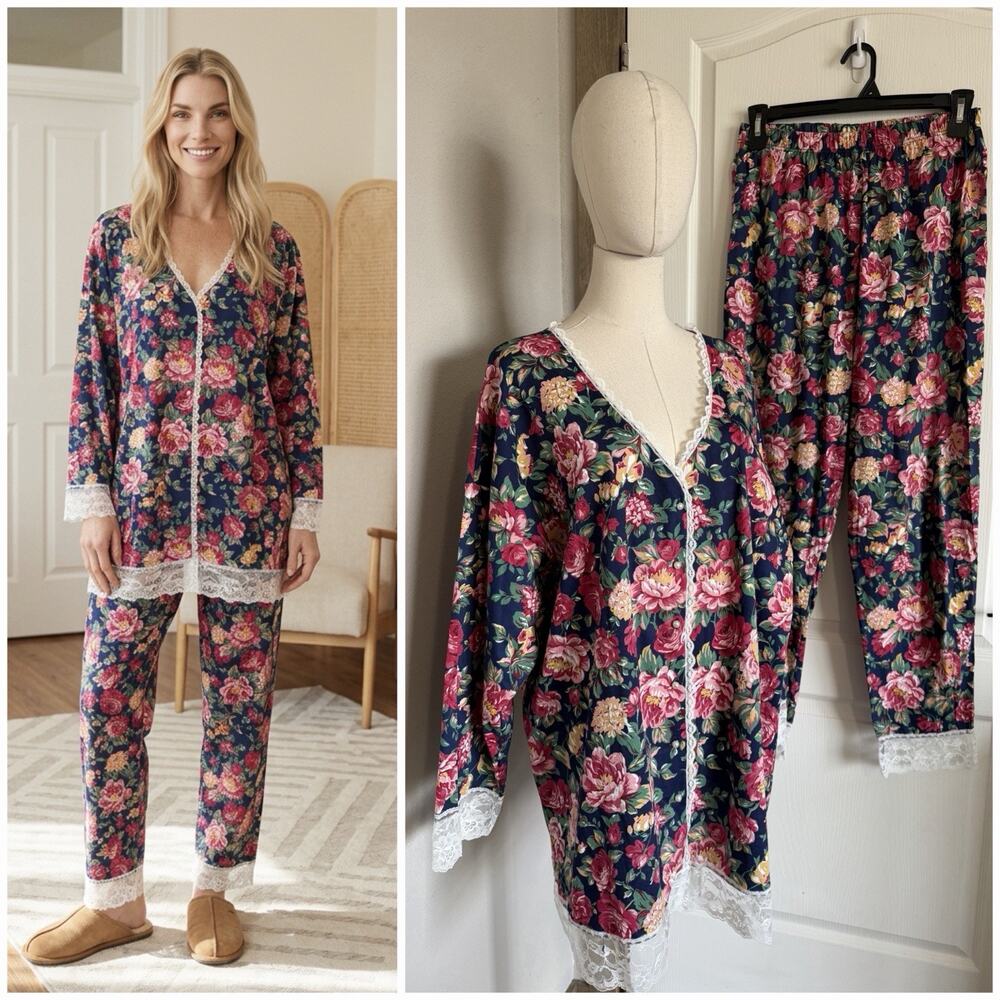VTG 90s Victoria’s Secret Gold Label Sz L Floral Cotton Pj Pant Set Lace Trim